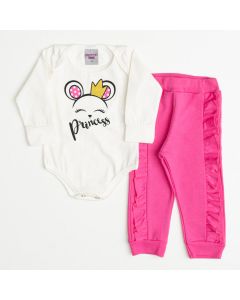 Conjunto Body Manga Longa Marfim Urso e Calça Moletom Pink para Bebê Menina