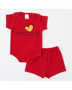 Conjunto Curto Vermelho para Bebê Menina Body Coração e Short