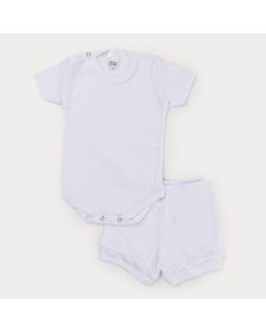 Conjunto Branco em Ribana para Bebê Body Botão Veste Fácil e Short