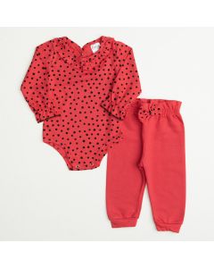 Conjunto Body de Bolinha Preta e Calça de Moletom Vermelha para Bebê Menina