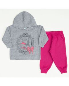 Conjunto de Moletom para Bebê Menina Casaco Cinza com Capuz e Calça Pink