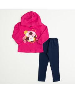 Conjunto de Frio para Bebê Menina Casaco Pink com Capuz Urso e Legging Marinho