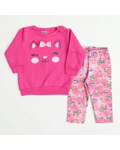 Conjunto de Frio para Bebê Feminino Casaco Pink Gatinho e Legging Rosa Estampada