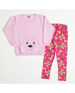 Conjunto de Inverno Infantil Feminino Legging Pink Estampada e Casaco Rosa Urso