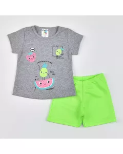 Conjunto Curto Bebê Menina Blusa Mescla Frutinhas e Short Verde Neon