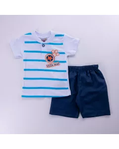 Conjunto Curto para Bebê Menino Blusa Branca Listrada e Short Marinho