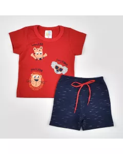 Conjunto Curto para Bebê Menino Blusa Vermelha Animais e Short Marinho