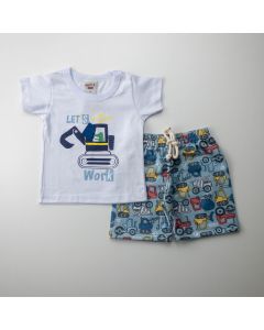 Conjunto Curto para Bebê Menino Blusa Branca Trator e Short Azul Estampado