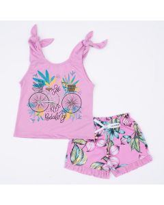 Conjunto de Verão Infantil Feminino Regata Rosa Estampada e Short Moletinho Floral