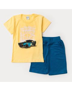 Conjunto de Roupa Infantil Masculina Blusa Amarela Carro e Short Azul