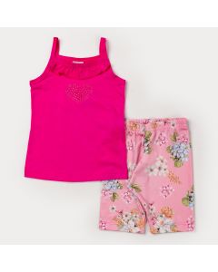 Conjunto de Verão para Menina Blusa Alcinha Rosa Coração e Short Ciclista Floral