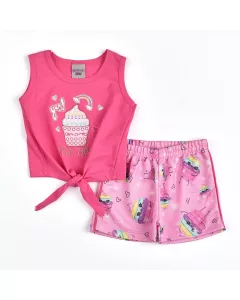 Conjunto Curto Infantil Feminino Cropped Pink Cupcake e short Rosa Estampado