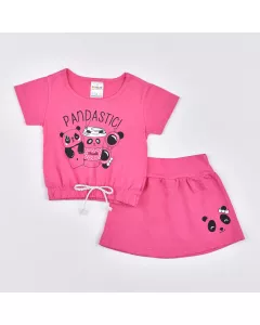 Conjunto Curto Infantil Feminino Cropped Pink Panda e Saia Pink