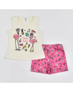 Conjunto Curto Infantil Feminino Regata Marfim Flamingo e Short Rosa Estampado