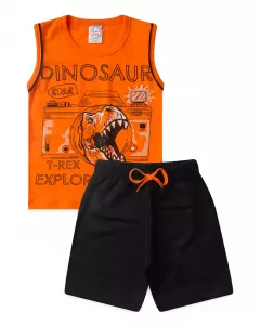 Conjunto Curto Infantil Masculino no Dinossauro em Laranja
