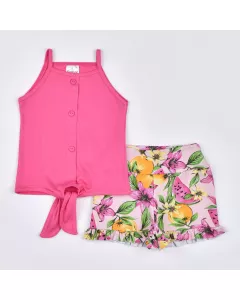 Conjunto Curto para Menina Blusa Pink de Alcinha com Amarração e Short Floral