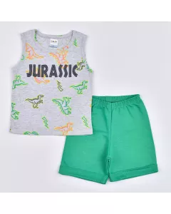 Conjunto de Verão Infantil Masculino Regata Mescla Dinossauro e Short Verde
