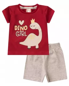 Conjunto de Verao para bebe Menina Dinossauro Vermelho