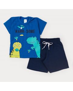 Conjunto de Verão para Menino Blusa Azul Dino e Short Marinho