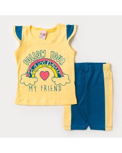 Conjunto de Verão Blusa Amarela Arco-Íris e Short Ciclista Marinho para Menina