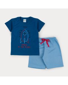 Conjunto de Verão Menino Blusa Marinho Foguete e Short Azul Claro