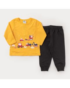 Conjunto de Frio para Bebê Menino Blusa Amarelo Carros e Calça Preta