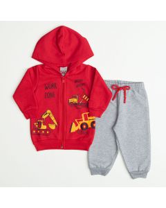 Conjunto com Jaqueta Vermelha Trator com Capuz e Calça Cinza para Bebê Menino