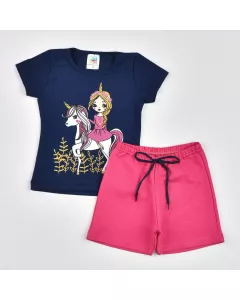Conjunto Infantil Feminino de Verão Blusa Marinho Estampada e Short Pink