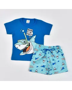 Conjunto Infantil Masculino de Verão Blusa Azul Tubarão e Short Azul Estampado