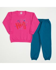 Conjunto de Frio para Menina Casaco Pink Estrela e Calça Azul 