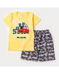Conjunto Infantil Masculino de Verão Blusa Amarela Estampada e Short Preto