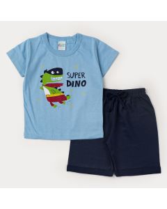 Conjunto de Verão Menino Blusa Azul Super Dino e Short Marinho