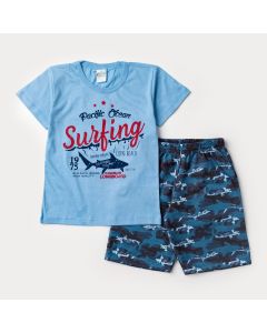 Conjunto de Verão para Menino Blusa Azul Surfista e Short Marinho Tubarão