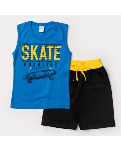 Conjunto Curto Infantil Masculino Regata Azul Skate e Short Preto em Moletinho