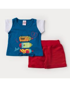 Conjunto de Verão para Menina Blusa Azul Estampada com Amarração e Short Vermelho
