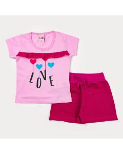 Conjunto de Verão para Menina Blusa Rosa Estampada e Short Pink em Moletinho
