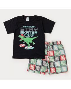 Conjunto de Verão Infantil Masculino Blusa Preta Dinossauro e Short Estampado 