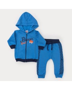 Conjunto em Moletom Azul para Bebê Menino Jaqueta com Capuz Raposa e Calça
