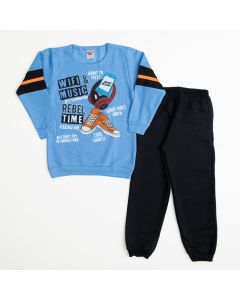 Conjunto de Moletom Infantil Masculino Casaco Azul Estampado e Calça Preta