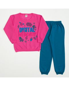 Conjunto de Inverno Casaco Pink Estampado e Calça Azul para Menina