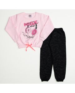 Conjunto de Inverno Infantil Feminino Casaco Rosa Estampado e Calça Preta
