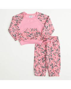 Conjunto Rosa em Moletom Casaco com Bolso e Calça Floral para Bebê Menina