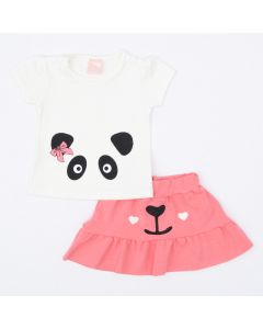 Conjunto de Verão Bebê Menina Blusa Marfim Panda e Saia Rosa