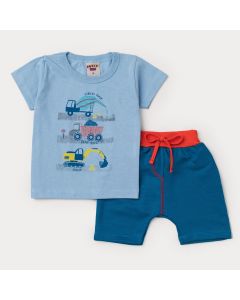Conjunto de Verão Bebê Menino Blusa Azul Caminhão e Short Marinho