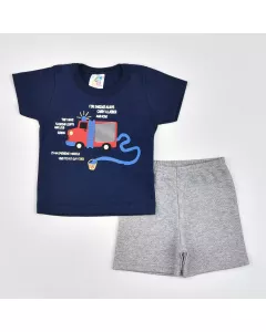Conjunto de Verão para Bebê Menino Blusa Marinho Bombeiro e Short Mescla