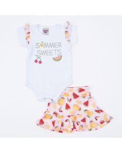 Conjunto de Verão Bebê Menina Body Branco e Saia Rosa Frutinhas