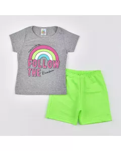 Conjunto de Verão Infantil Feminino Blusa Mescla Arco-Íris e Short Neon