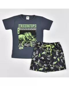 Conjunto de Verão Infantil Masculino Blusa Cinza Triceratops e Short Preto Estampado