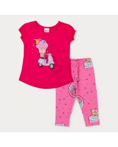 Conjunto Verão Bebê Menina Blusa Pink Sorvete e Legging Rosa Estampada