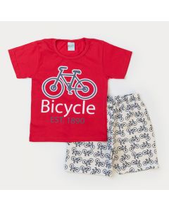 Conjunto Curto Infantil Masculino Blusa Vermelha Bicicleta Bermuda Branca Moletinho